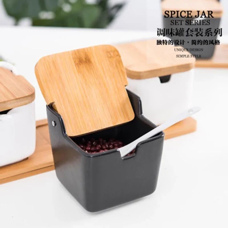 Kitchen Spice Rack Ceramic Wooden Lid Bamboo Tray Base Seasoning Pot Tool Porcelain Storage Container Set Convenient Salt Pepper