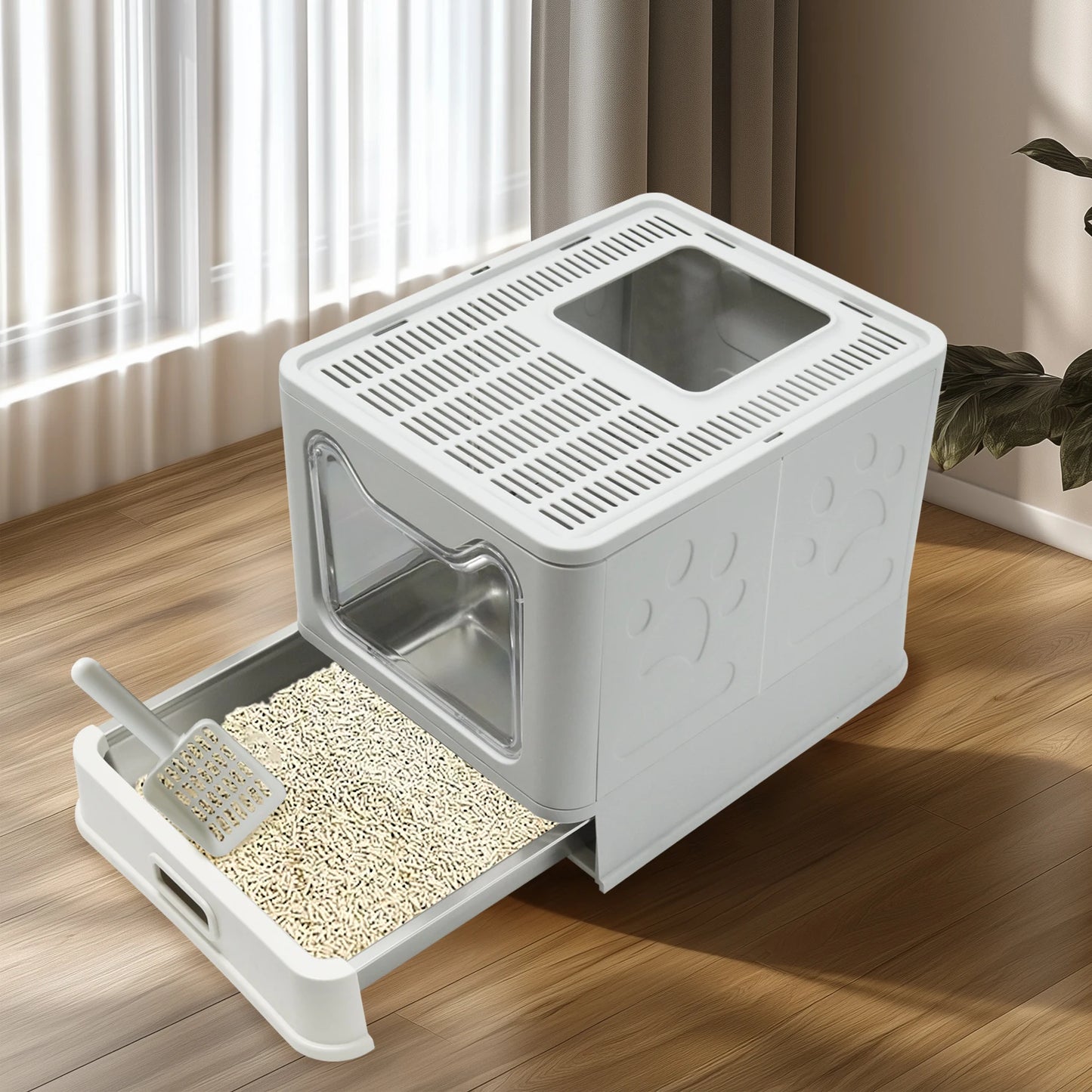 Stainless Steel Cat Litter Box with Lid – Front Entry & Top Exit, Easy-Clean Toilet with Scoop