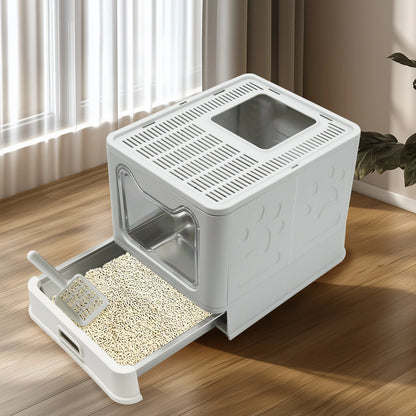 Stainless Steel Cat Litter Box with Lid – Front Entry & Top Exit, Easy-Clean Toilet with Scoop
