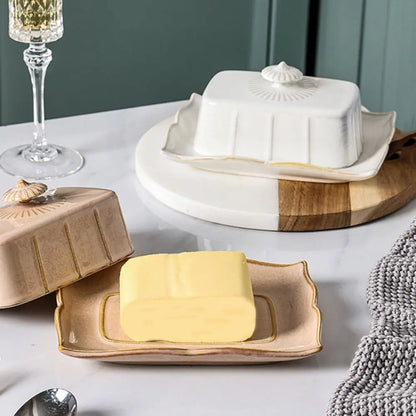 European Kitchen Utensils Ceramic Butter Dish Exquisite Rectangular Dim Sum Dish Household with Cover Storage Tray Hotel