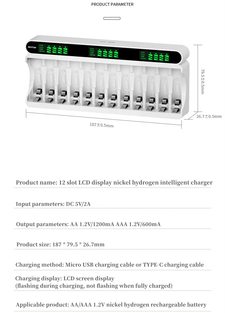 12-Slot AA/AAA Battery Charger – 1.2V Smart Fast Charge & Discharge LCD Recharger for Ni-MH Batteries