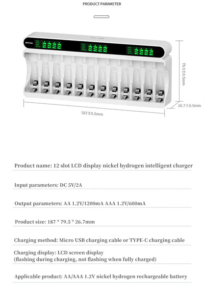 12-Slot AA/AAA Battery Charger – 1.2V Smart Fast Charge & Discharge LCD Recharger for Ni-MH Batteries