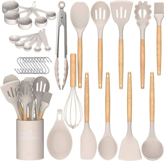 Chef's kitchen cookware set, 33 non-stick silicone kitchenware spatula set with stand, wooden handle silicone kitchenware set