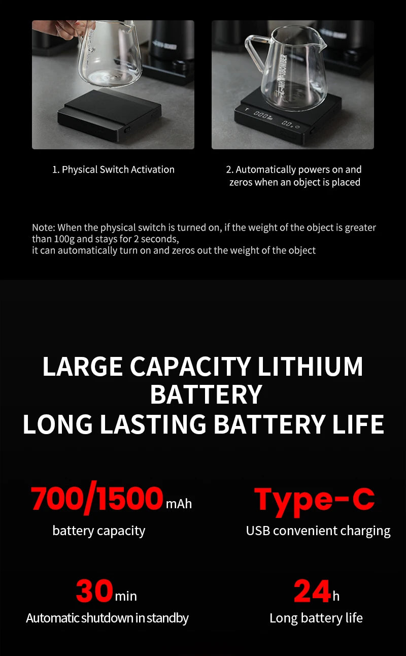 MHW-3BOMBER Digital Coffee Scale – High-Precision Rechargeable Espresso Kitchen Scale