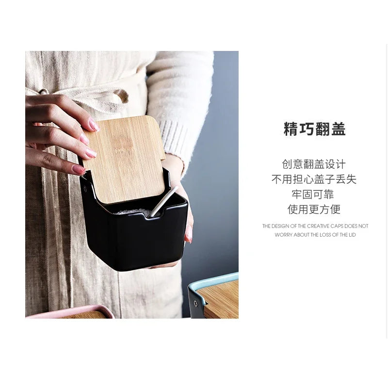 Kitchen Spice Rack Ceramic Wooden Lid Bamboo Tray Base Seasoning Pot Tool Porcelain Storage Container Set Convenient Salt Pepper