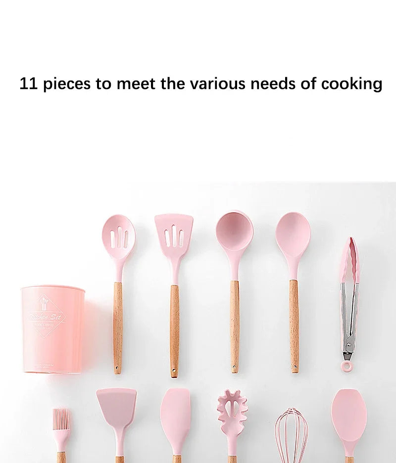 Pink Cooking Kitchenware Tool Silicone Utensils With Wooden Multifunction Handle Non-Stick Spatula Ladle Egg Beaters Shovel