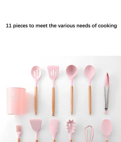 Pink Cooking Kitchenware Tool Silicone Utensils With Wooden Multifunction Handle Non-Stick Spatula Ladle Egg Beaters Shovel