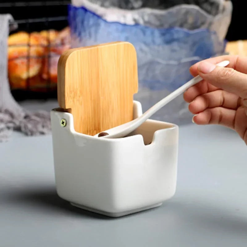 Kitchen Spice Rack Ceramic Wooden Lid Bamboo Tray Base Seasoning Pot Tool Porcelain Storage Container Set Convenient Salt Pepper