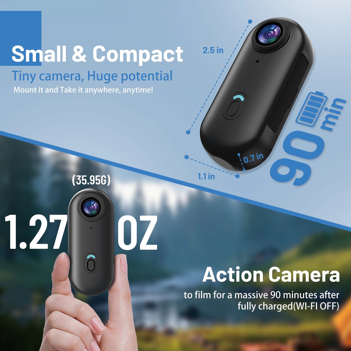 4K Mini WiFi Action Camera - 128GB Thumb POV Video Recorder, IPX7 Waterproof Vlogging Camera with Helmet & Magnetic Mounts (Black)