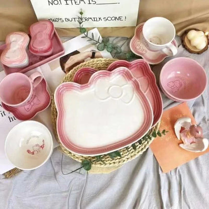 Cartoon Kitty Children Tableware Set Pink Ceramic Dinner Plate Dish Plate Tea Cup Cat Plate Cute Meal Kitchen Home Household