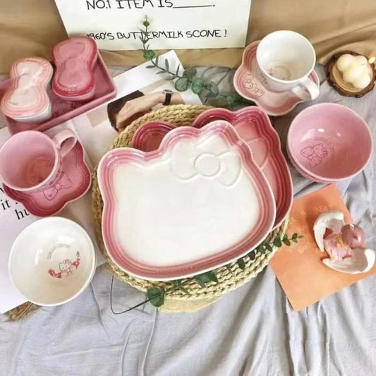 Cartoon Kitty Children Tableware Set Pink Ceramic Dinner Plate Dish Plate Tea Cup Cat Plate Cute Meal Kitchen Home Household