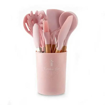 Pink Cooking Kitchenware Tool Silicone Utensils With Wooden Multifunction Handle Non-Stick Spatula Ladle Egg Beaters Shovel