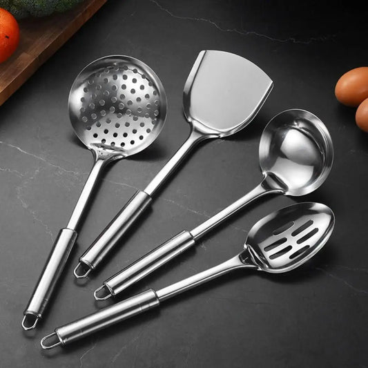 9Pcs Household Stainless Steel Kitchen Cooking Utensils Set Long Handle Durable Cooking Spatula Set Rust-proof Shovel Set Pasta