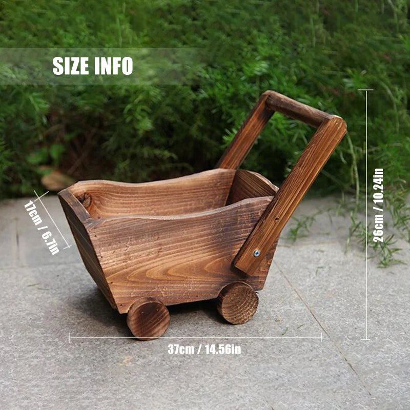 Wooden Wheelbarrow Flowerpot – Rustic Succulent Planter, Mini Garden Decor for Home Bedroom Window Shelf