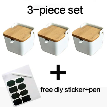 Kitchen Spice Rack Ceramic Wooden Lid Bamboo Tray Base Seasoning Pot Tool Porcelain Storage Container Set Convenient Salt Pepper