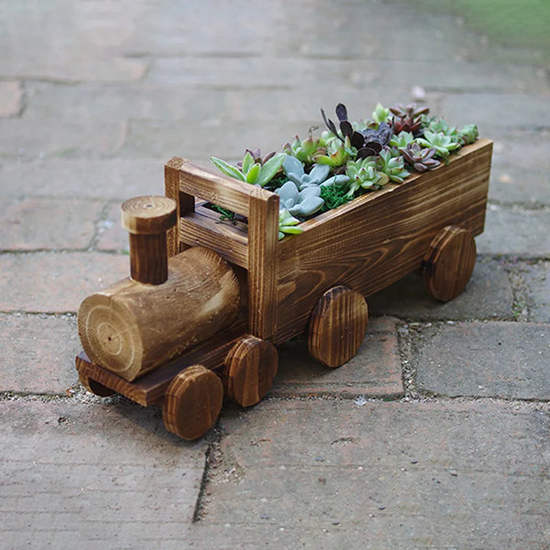 Wooden Wheelbarrow Flowerpot – Rustic Succulent Planter, Mini Garden Decor for Home Bedroom Window Shelf