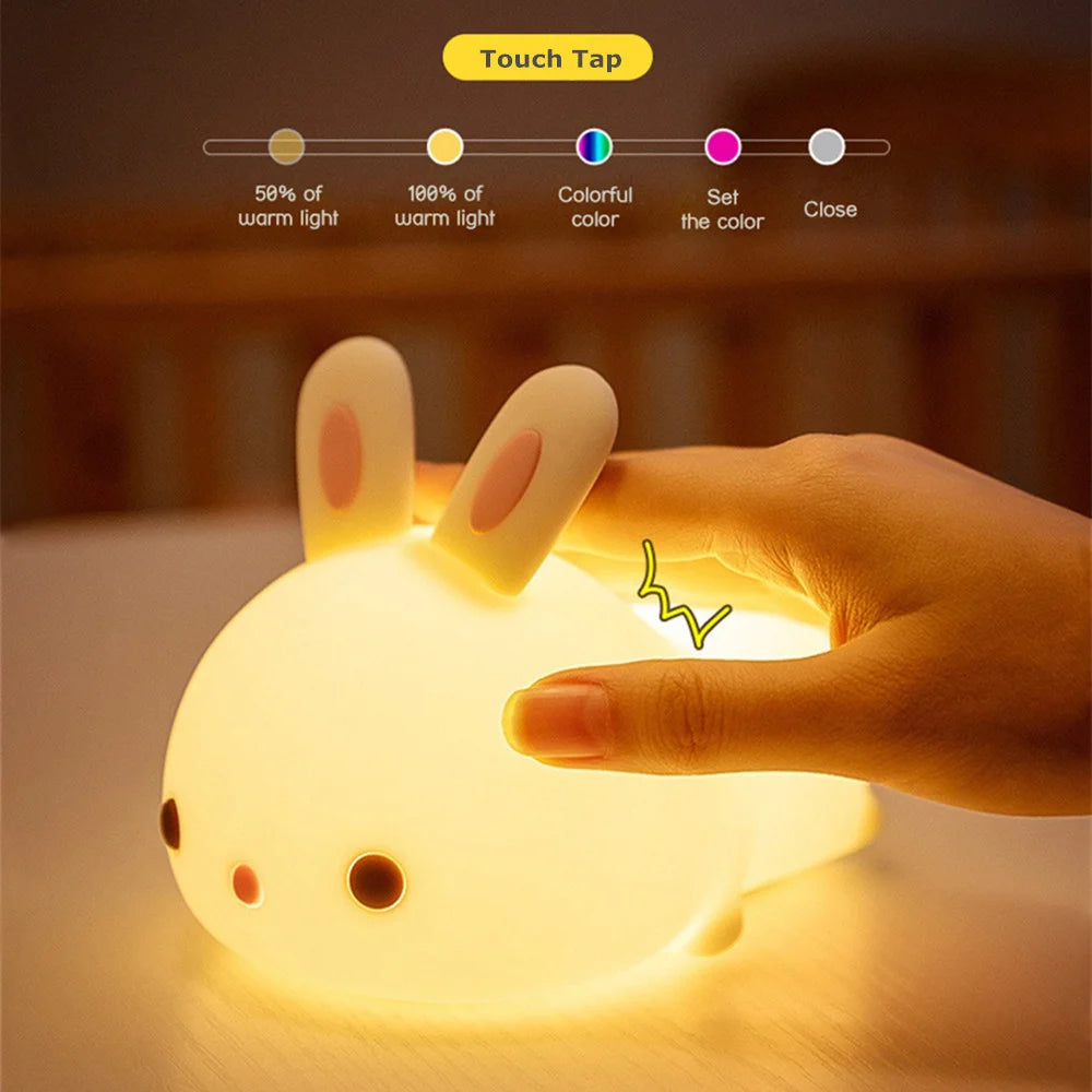 16-Color Touch Sensor Rabbit Night Light – USB Rechargeable Silicone Bunny Lamp for Children & Baby, Festival Gift
