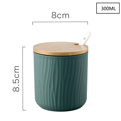 Ceramic Seasoning Jars with Wooden Lid Salt Shakers Kitchen Supplies White Spice Organizer Canister Spoon Set White Sugar Box