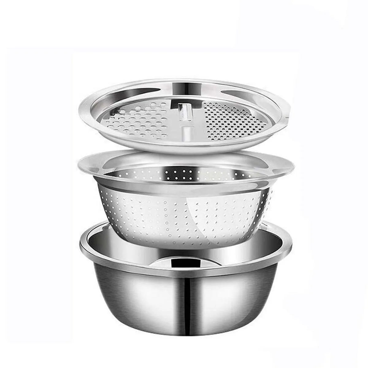 Stainless Steel Kitchen Tool 3-Piece Set With Integrated Grater Multifunctional Strainer And Mixing Bowl For Slicing Vegetables