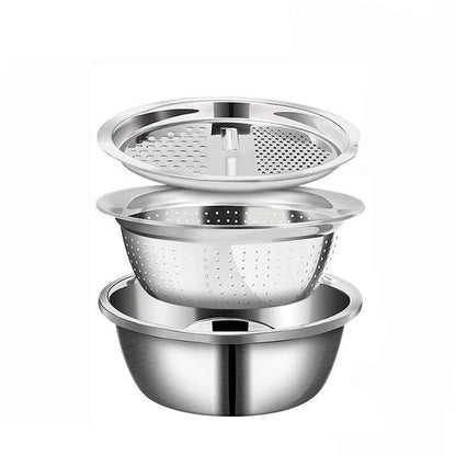 Stainless Steel Kitchen Tool 3-Piece Set With Integrated Grater Multifunctional Strainer And Mixing Bowl For Slicing Vegetables