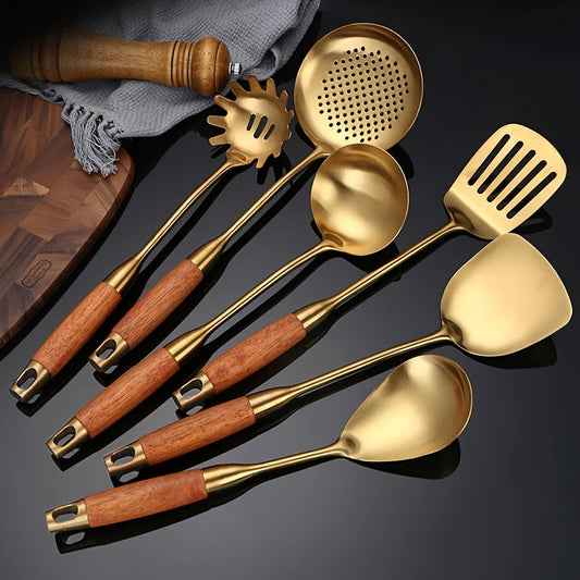6-Piece Golden 304 Stainless Steel Kitchen Utensil Set with Padauk Wood Handle Soup Spoon and Slotted Spoon for Home Use