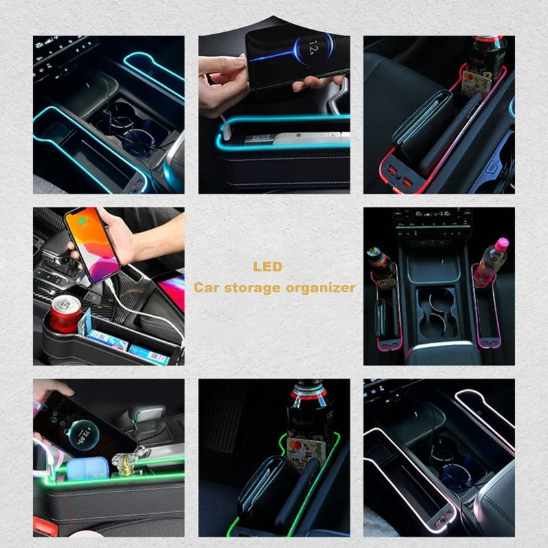 LED Car Seat Gap Organizer with 2 USB Chargers | Storage Box & Cup Holder