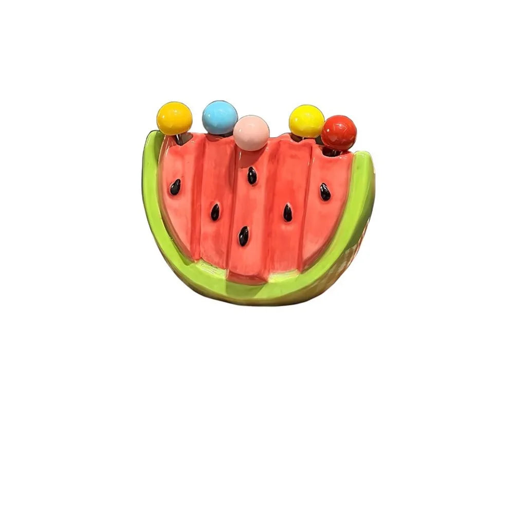 Kitchen Supplies Stainless Steel Watermelon Fruit Fork Cute Creative Dessert Cake Fork Safety with Storage Can Fruit Stick Kids