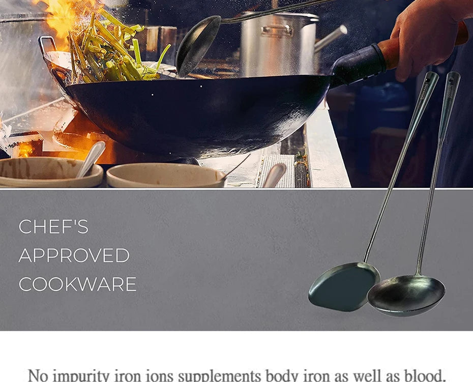 Kitchen Utensils Wok Spatula Spoon Chinese Traditional HandMade Iron Spatula Ladle Wok Tool Set Kitchen Tool Cooking Accessories