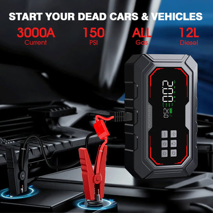 Portable Car Jump Starter with Air Compressor - 150PSI Tire Inflator, 2000A Peak Power Bank & Emergency Light