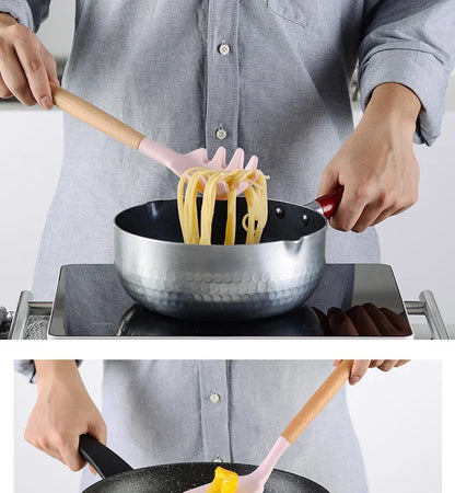 Pink Cooking Kitchenware Tool Silicone Utensils With Wooden Multifunction Handle Non-Stick Spatula Ladle Egg Beaters Shovel