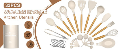 Silicone Kitchen Cooking Utensils Set Non-Stick Spoon Kit With Holder Wooden Handle Scoop Spatula Gadgets Ladle Colander Set
