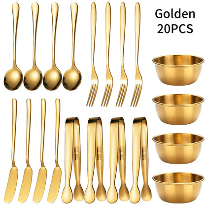 16/20 Pcs Kitchen Cooking Utensils Set Food Tongs Stainless Steel Cheese Butter Knife Soup Spoon Fruit Fork Sauce Bowl Tableware