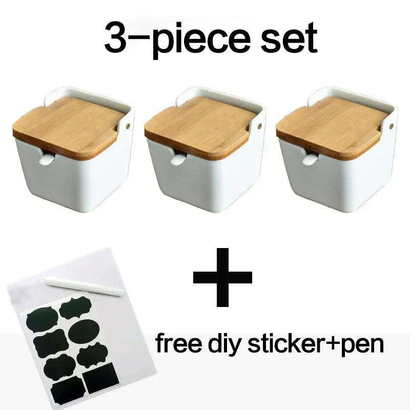 Kitchen Spice Rack Ceramic Wooden Lid Bamboo Tray Base Seasoning Pot Tool Porcelain Storage Container Set Convenient Salt Pepper