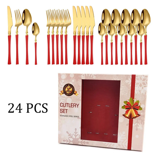 24Pcs Cutlery Sets Stainless Steel Christmas Tableware Golden Knife Fork Spoon Flatware Set Festival Kitchen Dinnerware Gift Box