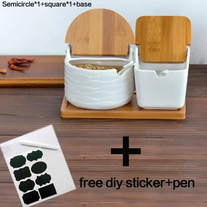 Kitchen Spice Rack Ceramic Wooden Lid Bamboo Tray Base Seasoning Pot Tool Porcelain Storage Container Set Convenient Salt Pepper