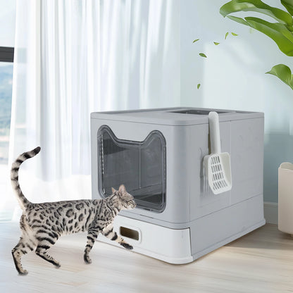 Stainless Steel Cat Litter Box with Lid – Front Entry & Top Exit, Easy-Clean Toilet with Scoop