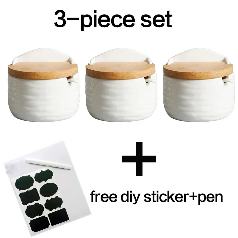 Kitchen Spice Rack Ceramic Wooden Lid Bamboo Tray Base Seasoning Pot Tool Porcelain Storage Container Set Convenient Salt Pepper