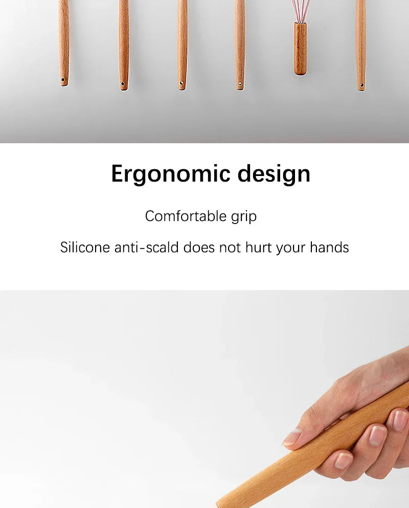 Pink Cooking Kitchenware Tool Silicone Utensils With Wooden Multifunction Handle Non-Stick Spatula Ladle Egg Beaters Shovel