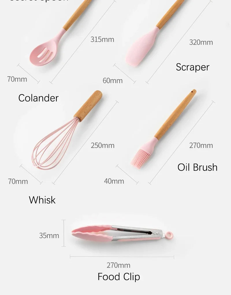 Pink Cooking Kitchenware Tool Silicone Utensils With Wooden Multifunction Handle Non-Stick Spatula Ladle Egg Beaters Shovel