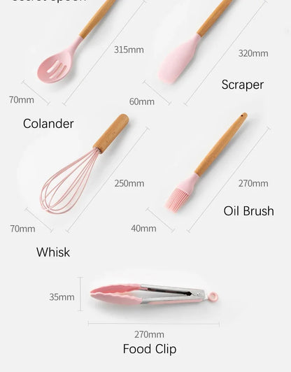 Pink Cooking Kitchenware Tool Silicone Utensils With Wooden Multifunction Handle Non-Stick Spatula Ladle Egg Beaters Shovel