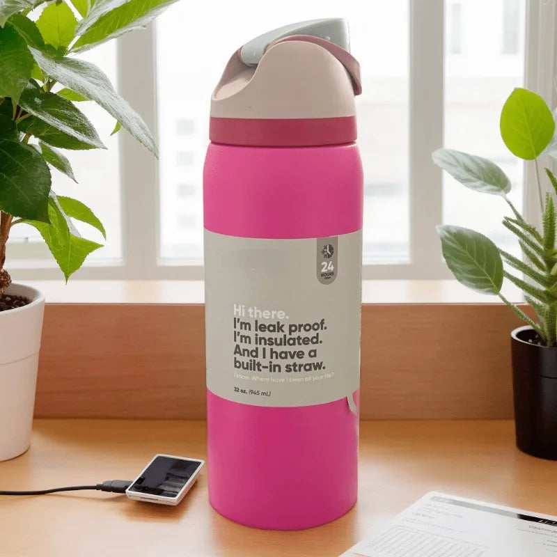 32oz Stainless Steel Vacuum Insulated Sports Water Bottle – Portable Handle & Straw for Outdoor Activities