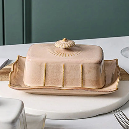 European Kitchen Utensils Ceramic Butter Dish Exquisite Rectangular Dim Sum Dish Household with Cover Storage Tray Hotel