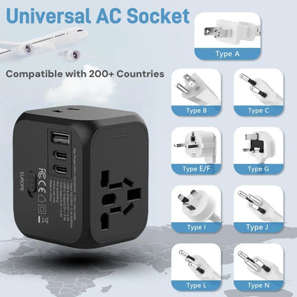 Universal Travel Adapter | EU UK USA Plug Converter with USB-C Charger