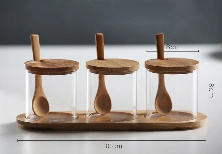 Kitchen Glass Condiment Jars Set Clear Spice Salt Container with Tray Coffee Beans Organizer Bottle Dust-Proof Seasoning Bottle