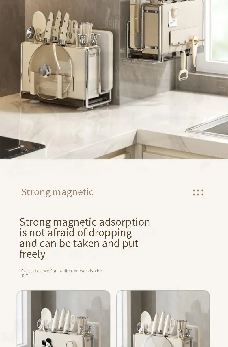 Magnetic Knife Holder and Cutting Board Combo Stainless Steel Knife Storage Rack Kitchen Knife Holder CreaminsMultifunctional