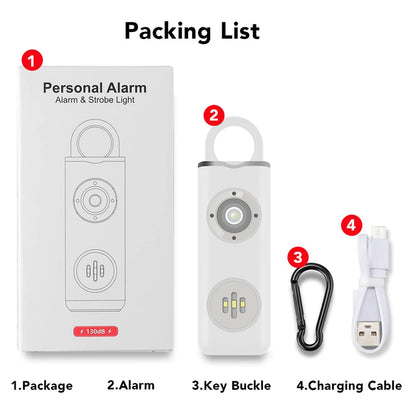 Emergency Alarm Keychain 130dB Loud Personal Safety Siren Alert Rechargeable Self Defense Electronic Device Flashlight for Women