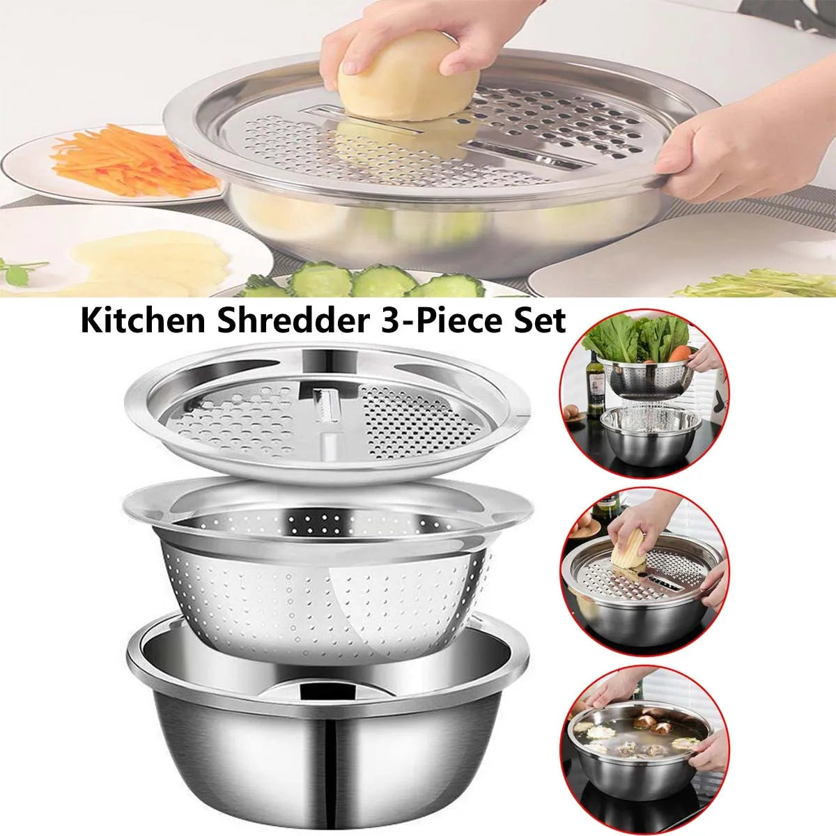 Stainless Steel Kitchen Tool 3-Piece Set With Integrated Grater Multifunctional Strainer And Mixing Bowl For Slicing Vegetables