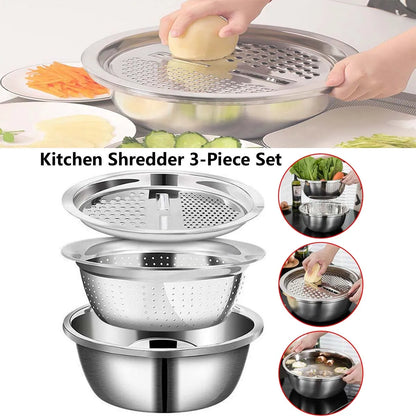 Stainless Steel Kitchen Tool 3-Piece Set With Integrated Grater Multifunctional Strainer And Mixing Bowl For Slicing Vegetables