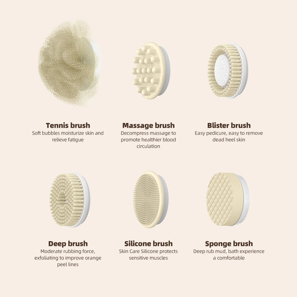 Electric Shower Brush – Rechargeable IPX7 Waterproof, 3-Speed 6-in-1 Wireless Body Scrubber