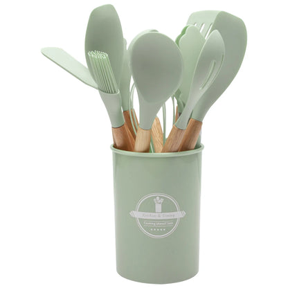 12Pcs Kitchen Utensil Set Silicone Spatula Set Wooden Handle Heat-Resistant Cookware Spatula Spoon Brush Whisk for Home Kitchen